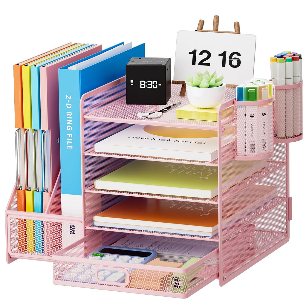 Five Tier Mesh Desk Organizer with File Tray Drawer Pen and Magazine Holders