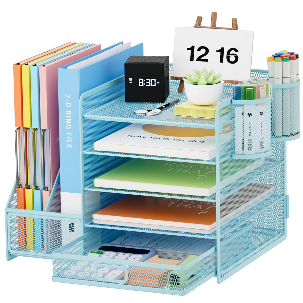 Five Tier Mesh Desk Organizer with File Tray Drawer Pen and Magazine Holders