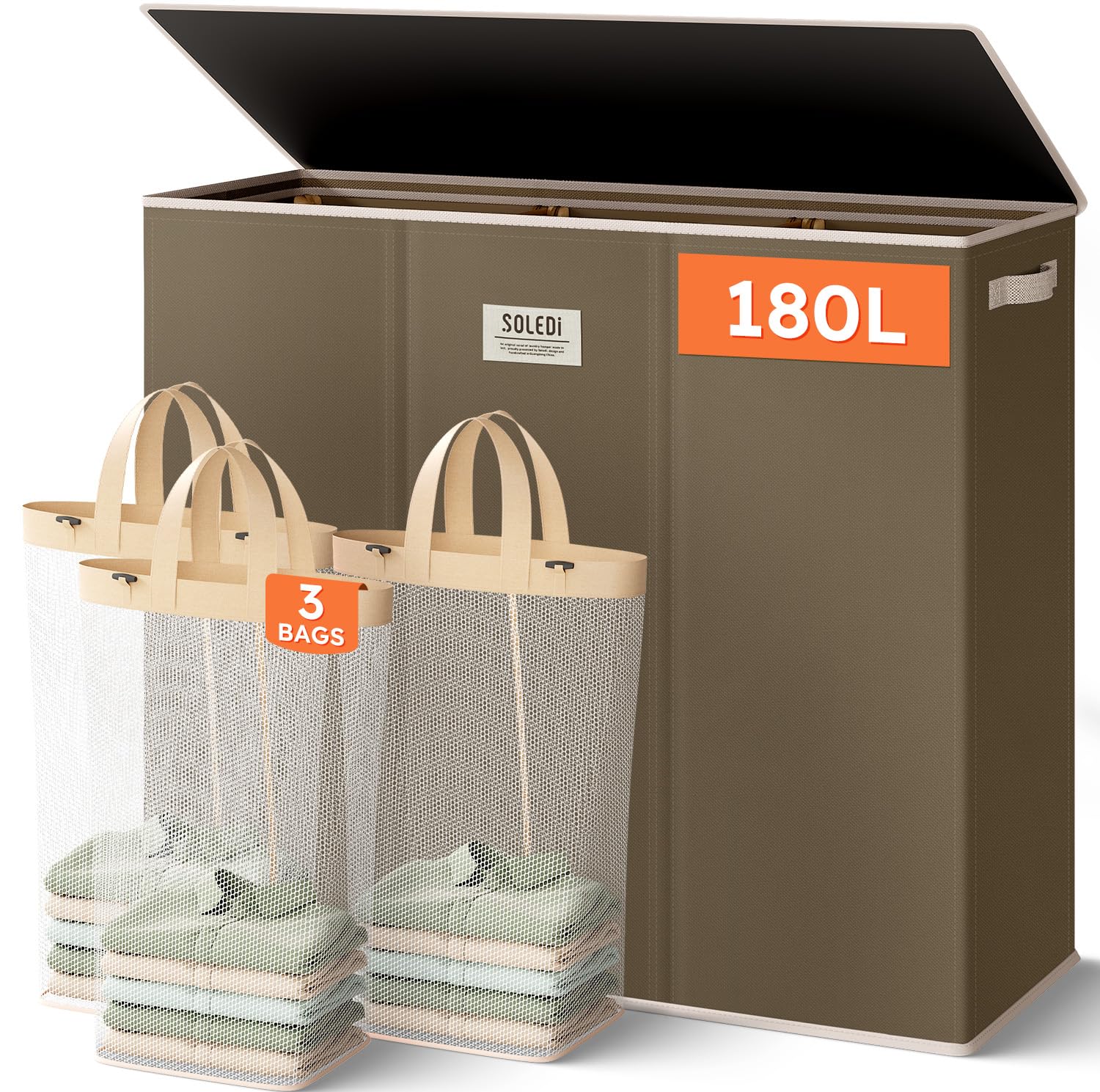Extra Large 180L Three Section Laundry Hamper with Lid and Handles