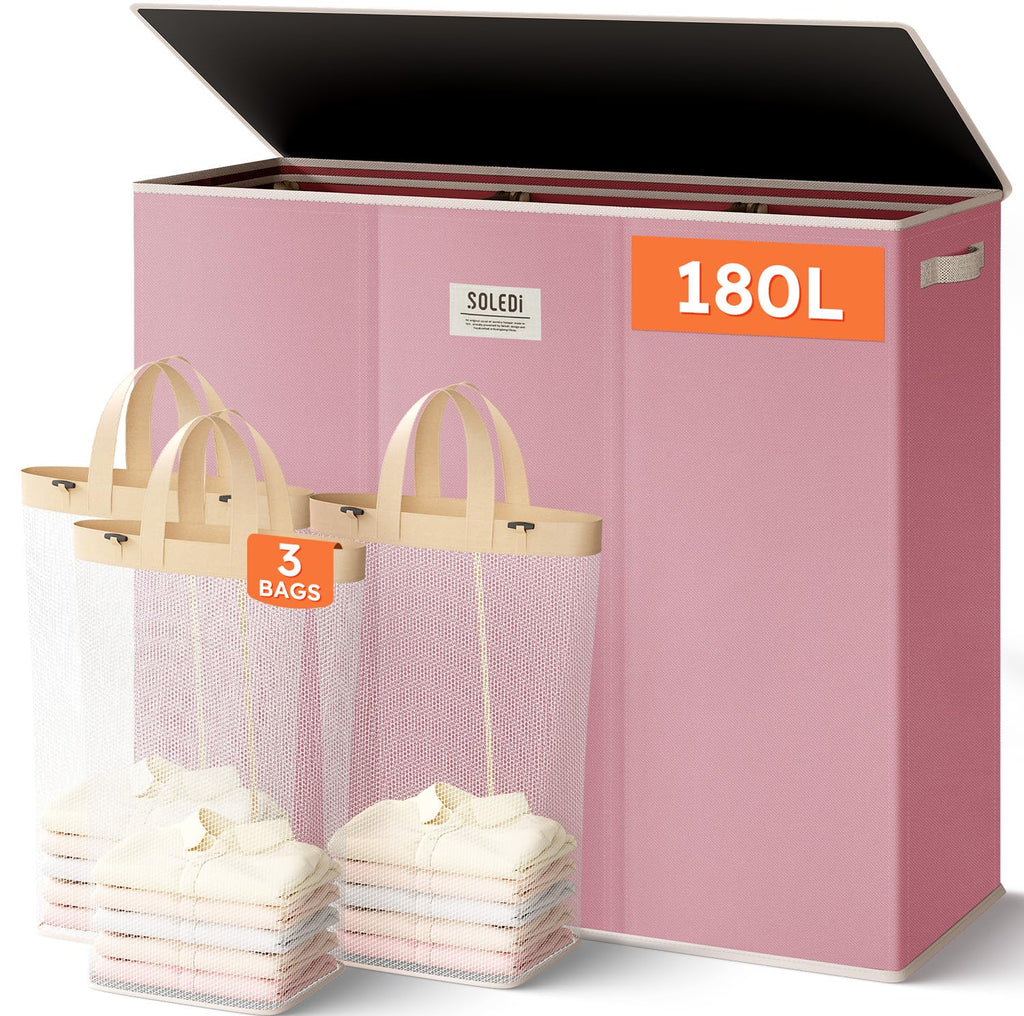 Extra Large 180L Three Section Laundry Hamper with Lid and Handles