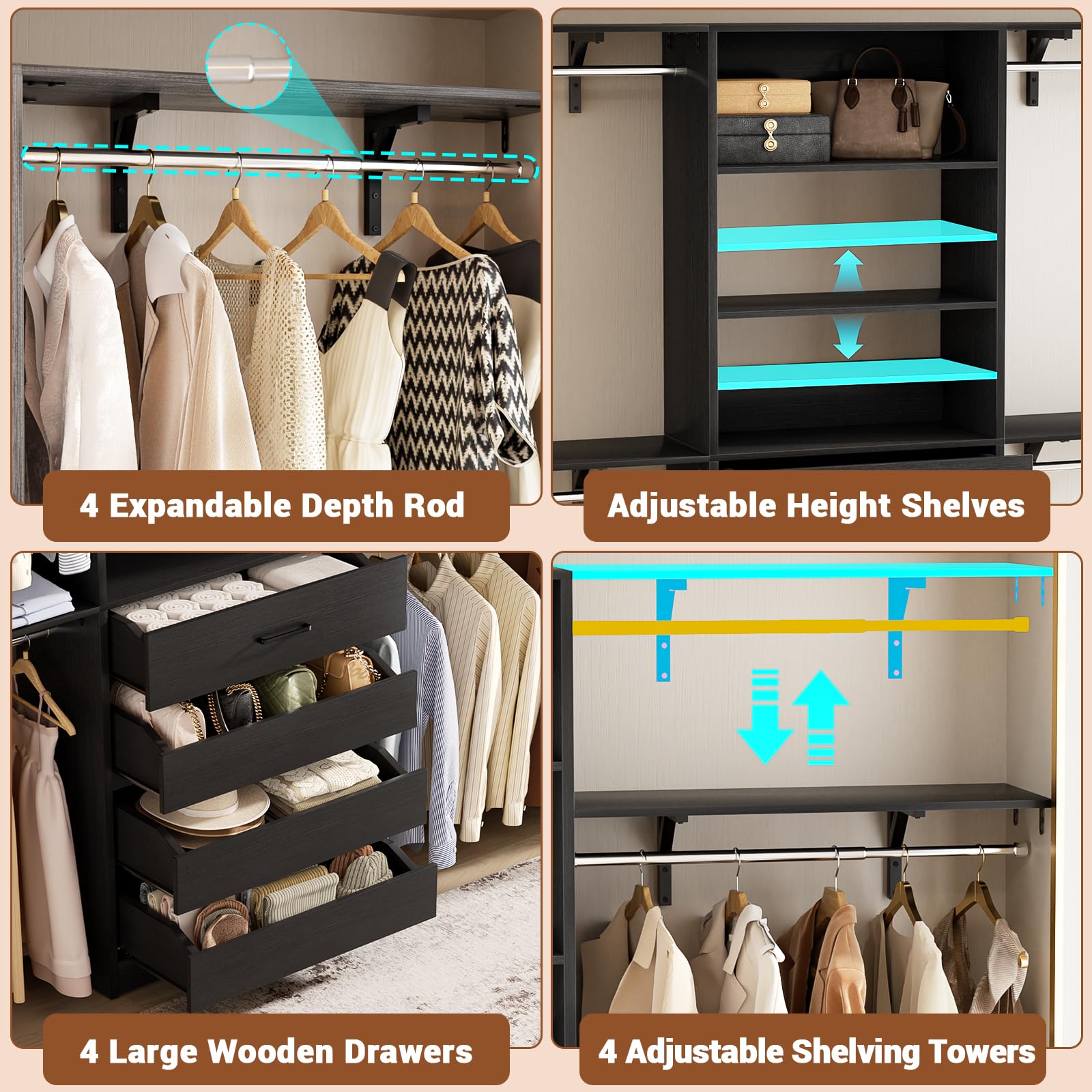 8FT Closet Organizer System with 4 Wooden Drawers and 4 Shelves