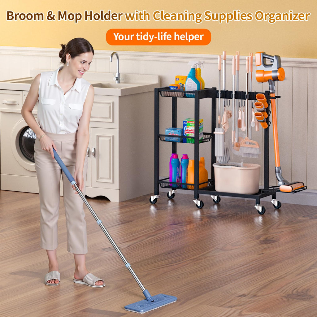 Large Capacity Broom Holder and Cleaning Supplies Organizer