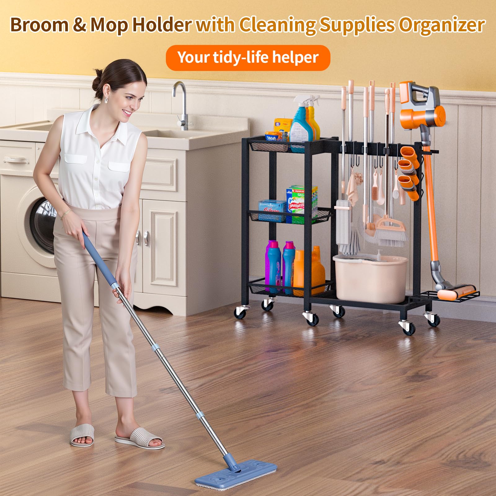 Large Capacity Broom Holder and Cleaning Supplies Organizer