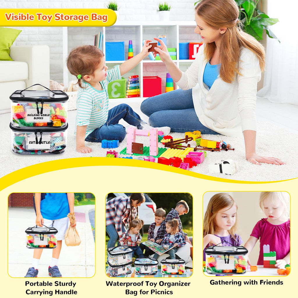 Six Pack Clear Toy Storage Bags with Name Tags and Manual Pockets