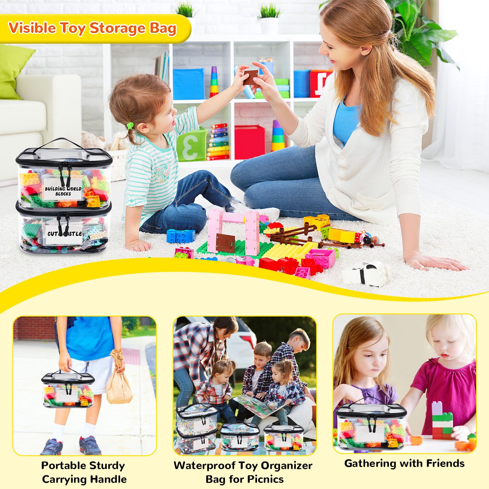 Six Pack Clear Toy Storage Bags with Name Tags and Manual Pockets