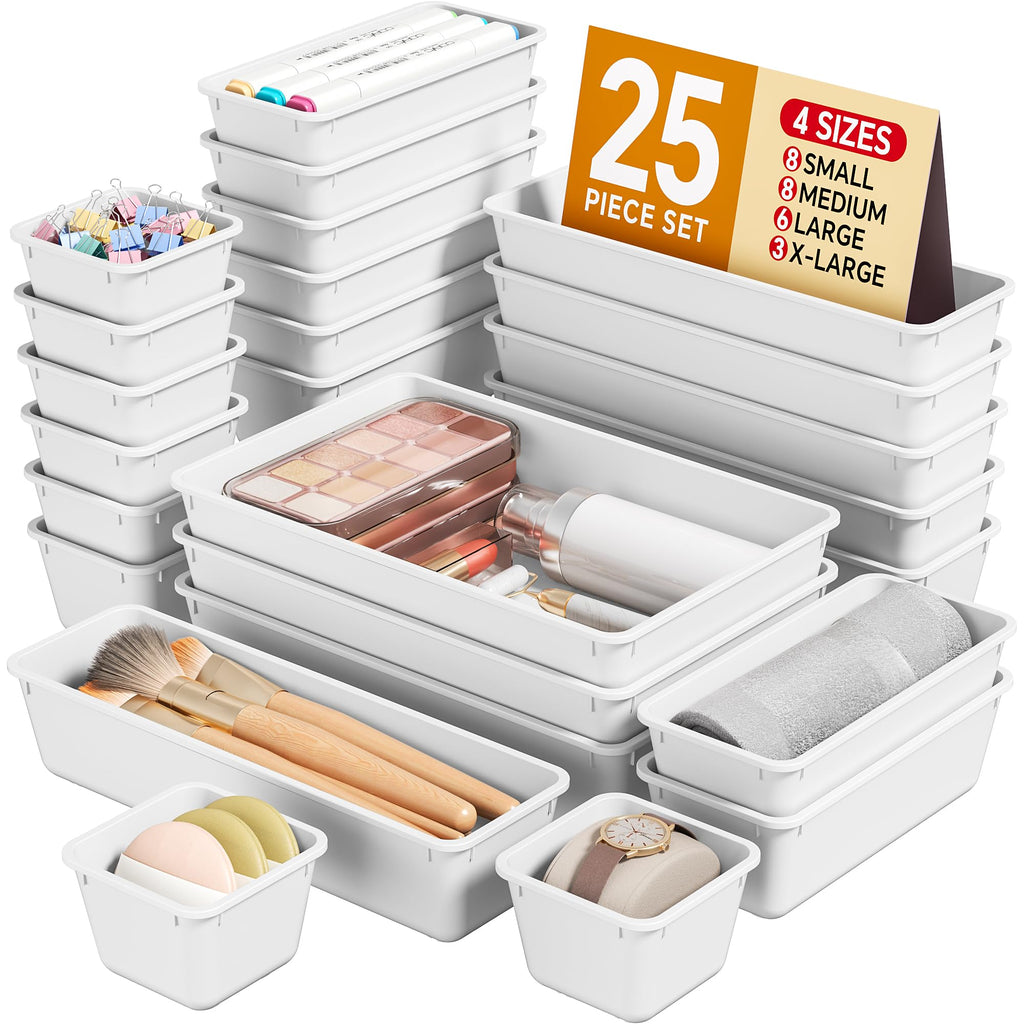 25 Piece Plastic Drawer Organizer Set for Home Storage