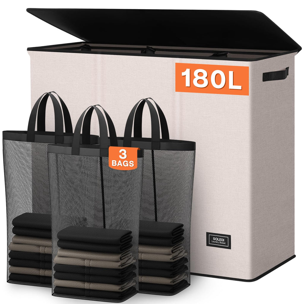 Extra Large 180L Three Section Laundry Hamper with Lid and Handles