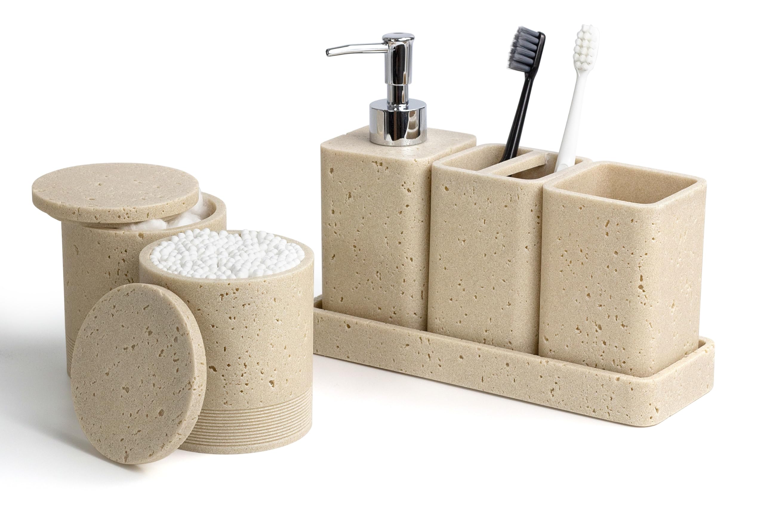 Six Piece Bathroom Accessories Set with Soap Dispenser and Vanity Tray
