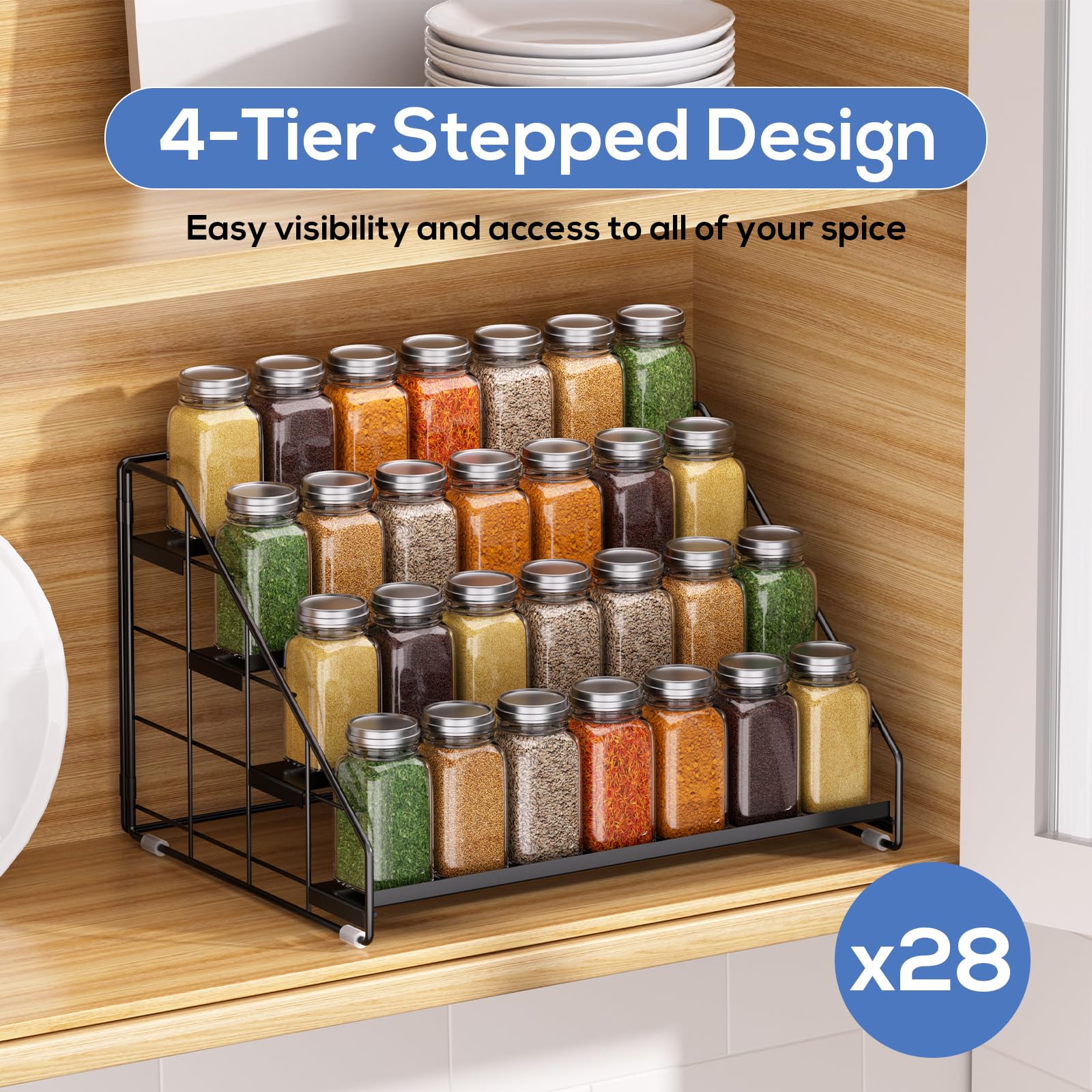 Adjustable Four Tier Spice Rack Organizer for Kitchen Cabinets