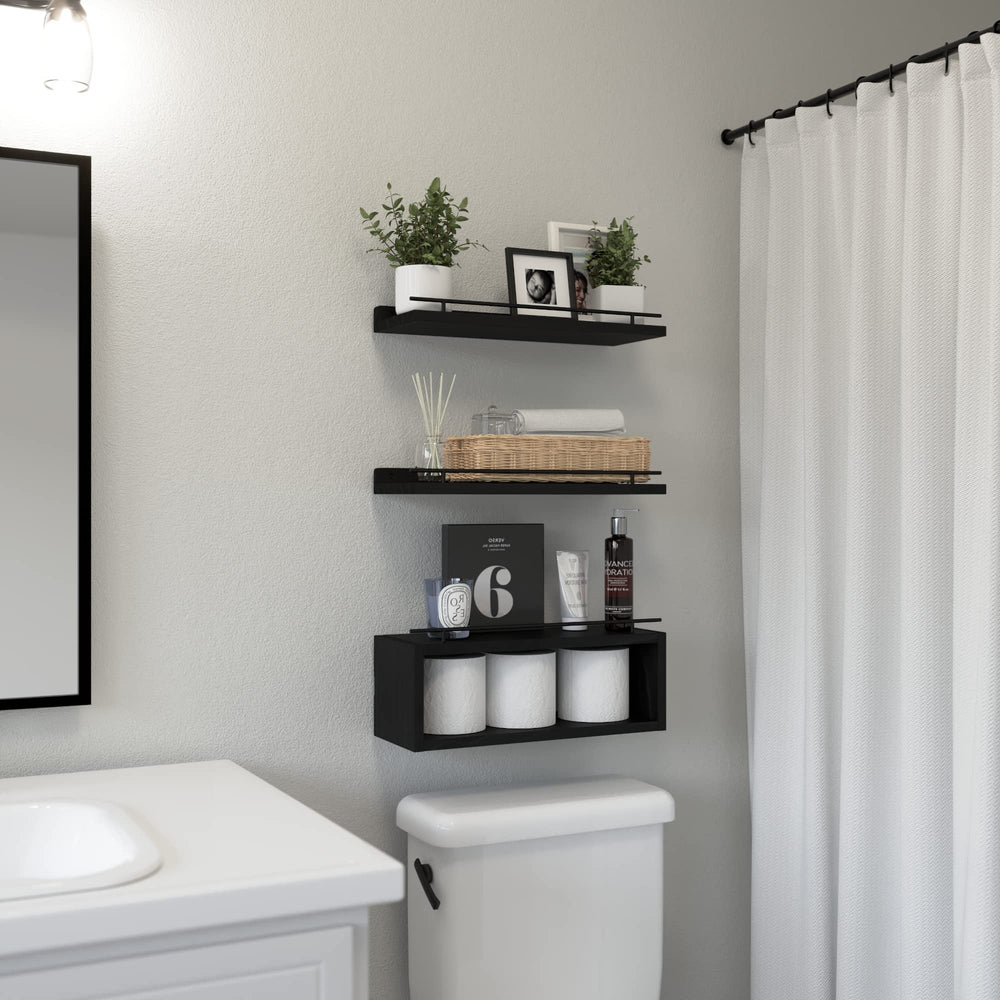 Floating Bathroom Wall Shelves with Cube Storage and Metal Rail