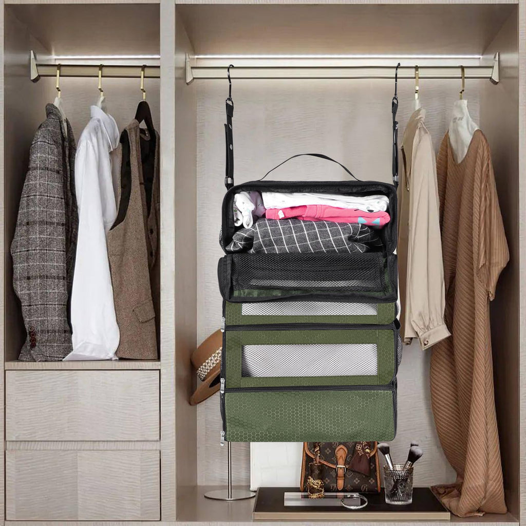 Collapsible Hanging Suitcase Organizer with Portable Travel Shelves