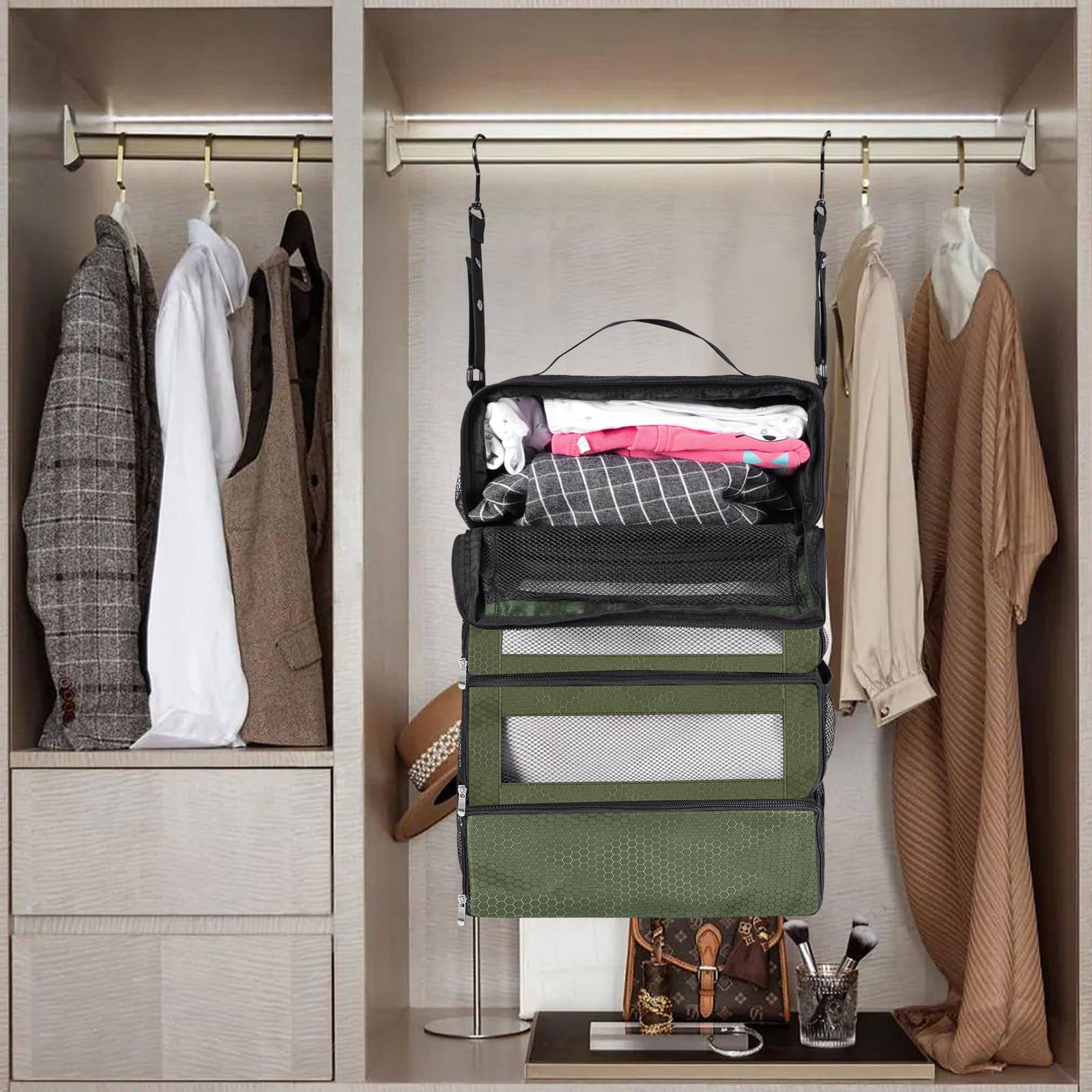 Collapsible Hanging Suitcase Organizer with Portable Travel Shelves