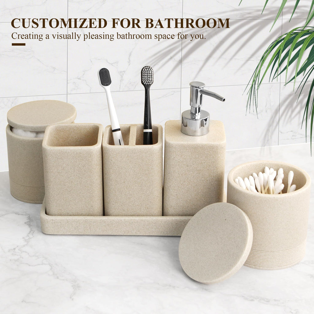 Six Piece Bathroom Accessories Set with Soap Dispenser and Vanity Tray
