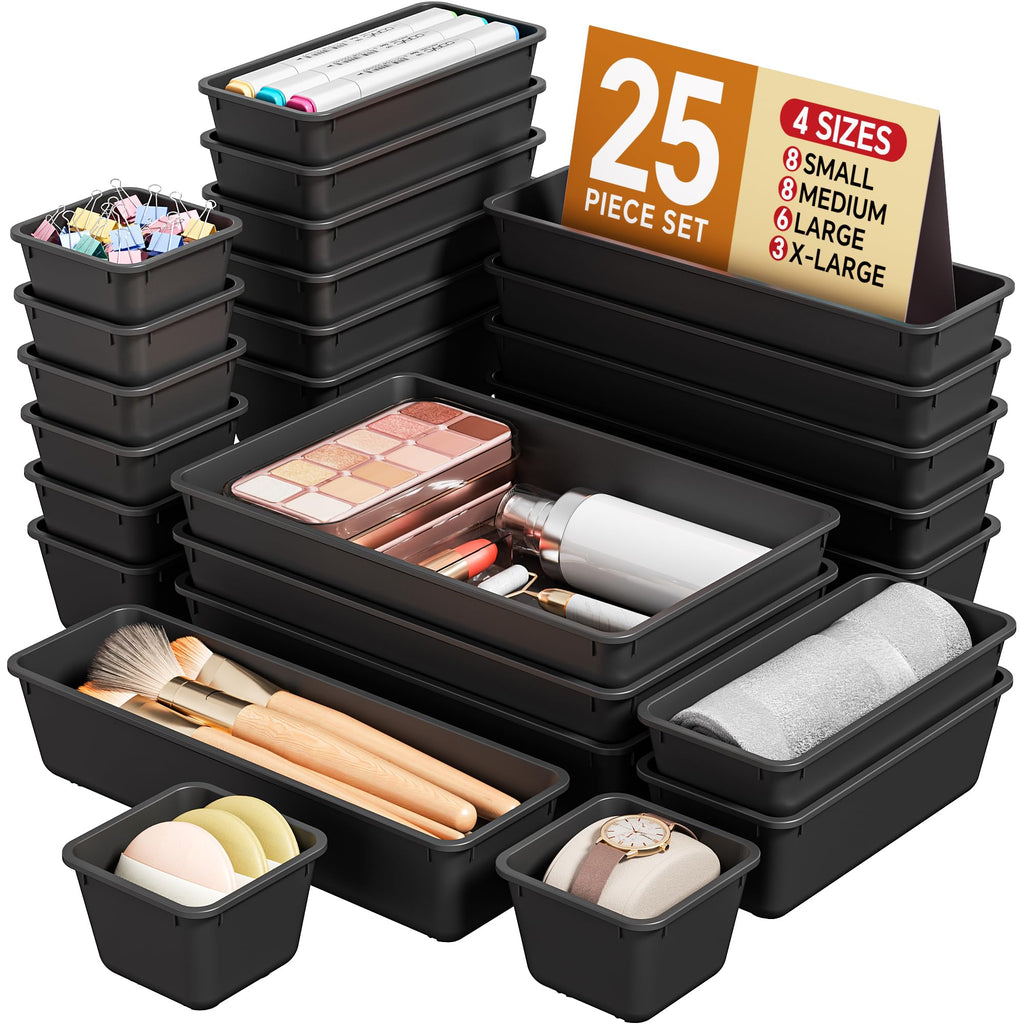 25 Piece Plastic Drawer Organizer Set for Home Storage