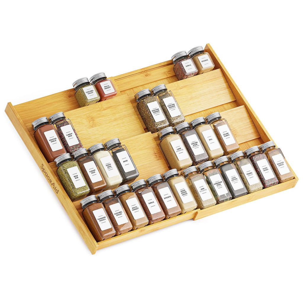 Expandable Bamboo Four Tier Spice Drawer Organizer for Kitchen Cabinet