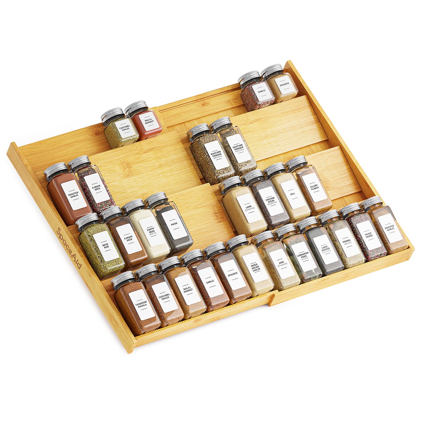 Expandable Bamboo Four Tier Spice Drawer Organizer for Kitchen Cabinet