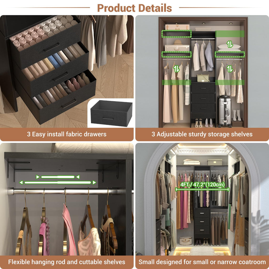 Closet Organizer System with Fabric Drawers Shelves and Garment Rack