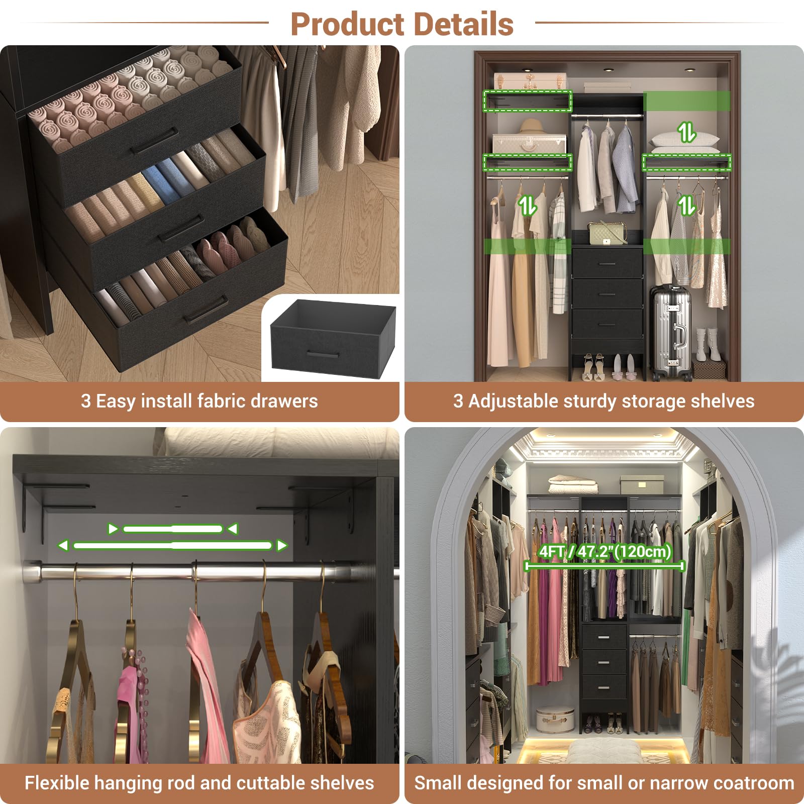 Closet Organizer System with Fabric Drawers Shelves and Garment Rack