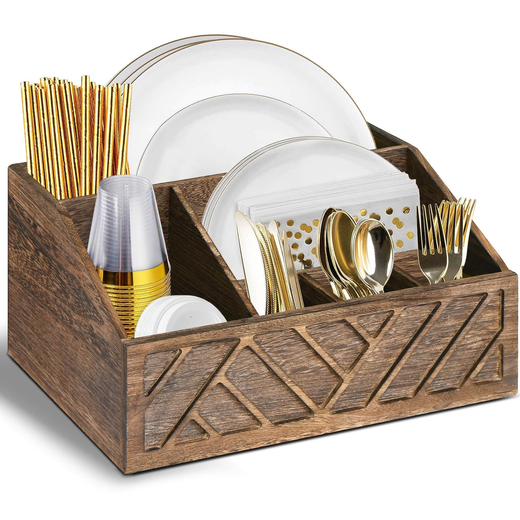 Six Compartment Wooden Utensil Caddy for Paper Plates and Cutlery