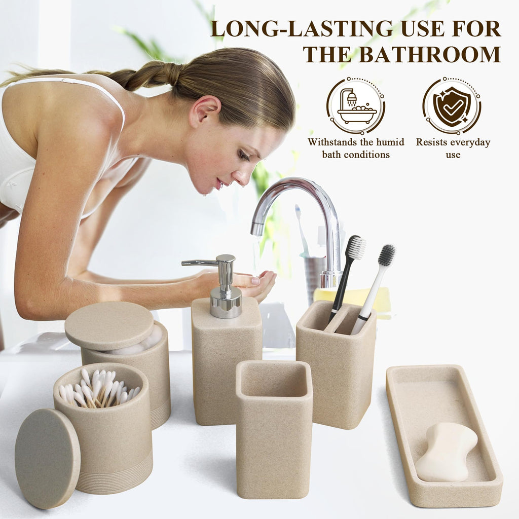 Six Piece Bathroom Accessories Set with Soap Dispenser and Vanity Tray