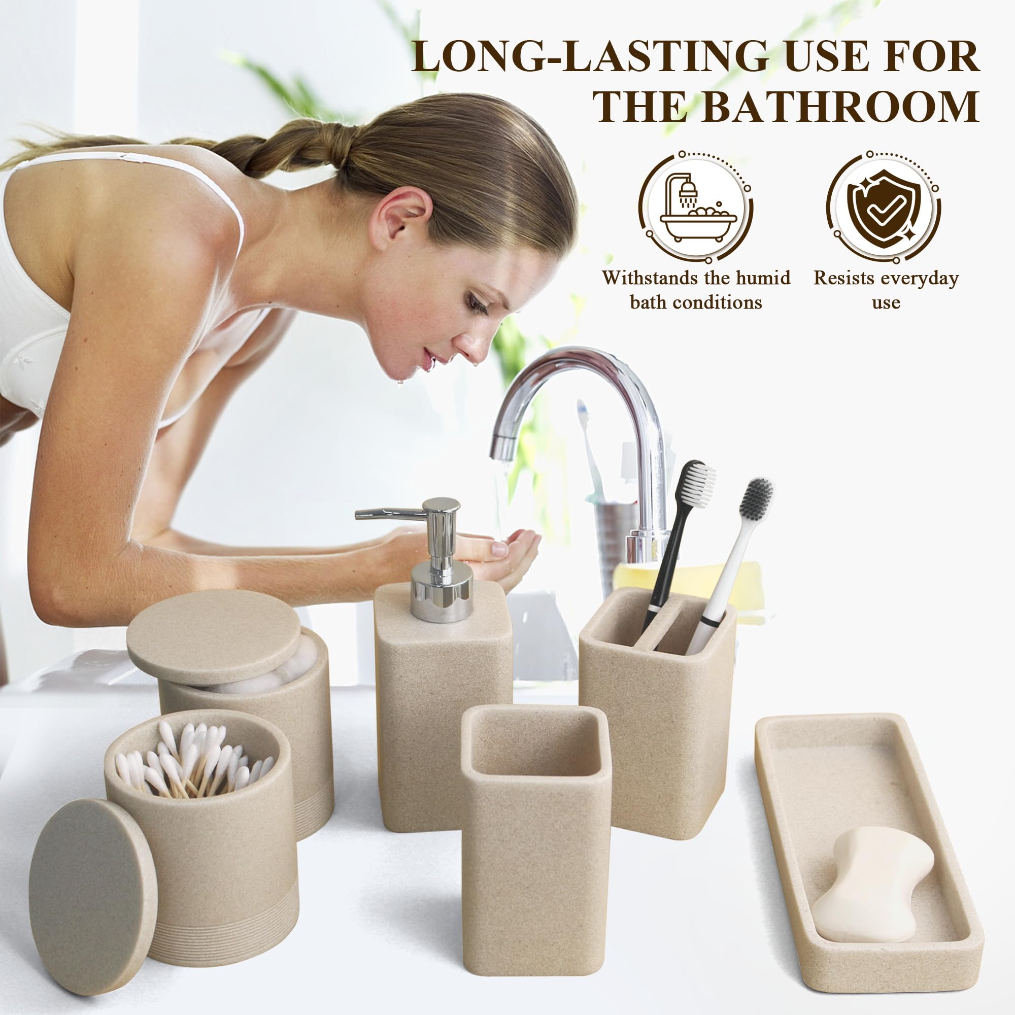Six Piece Bathroom Accessories Set with Soap Dispenser and Vanity Tray