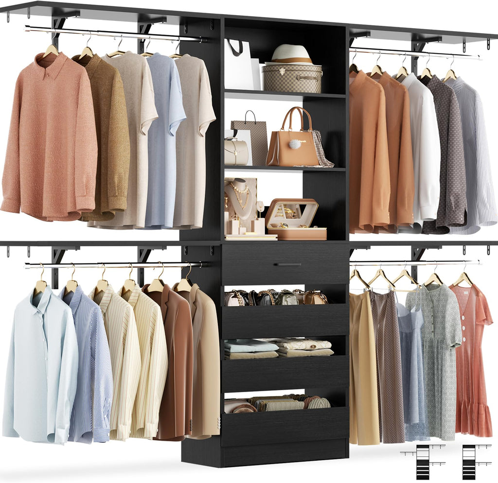 8FT Closet Organizer System with 4 Wooden Drawers and 4 Shelves