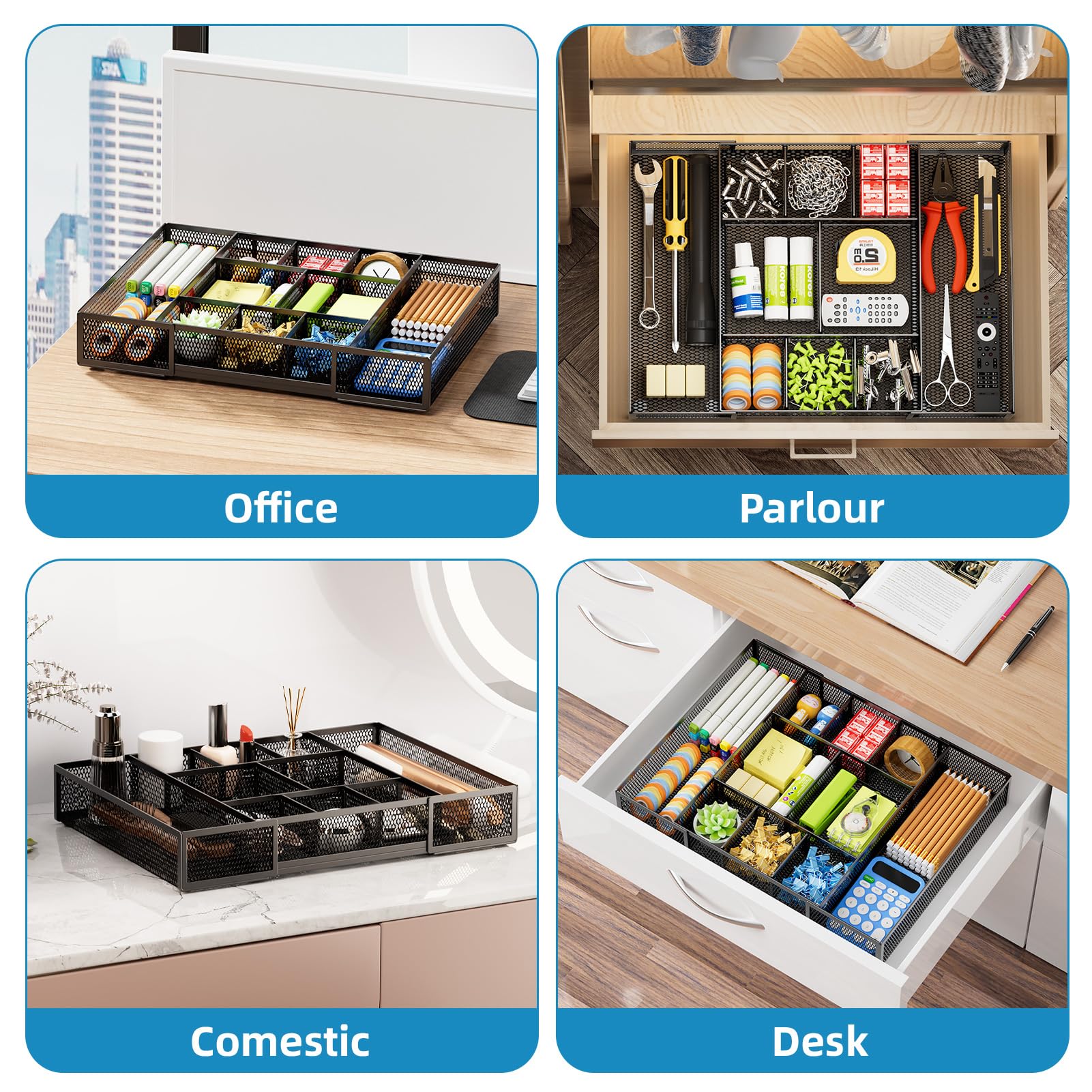 Expandable Desk Drawer Organizer with Ten Adjustable Compartments