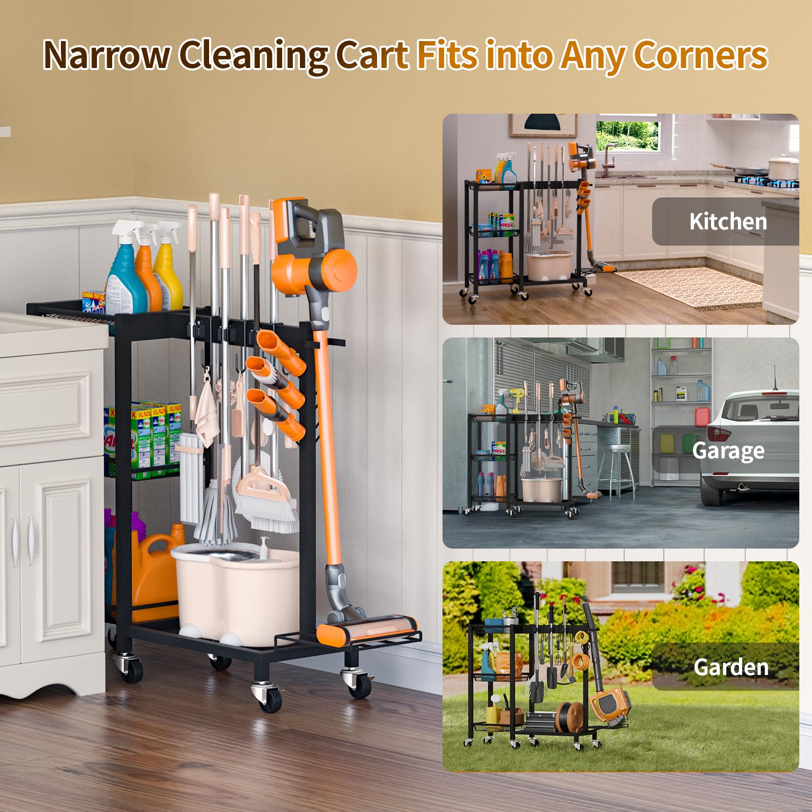 Large Capacity Broom Holder and Cleaning Supplies Organizer