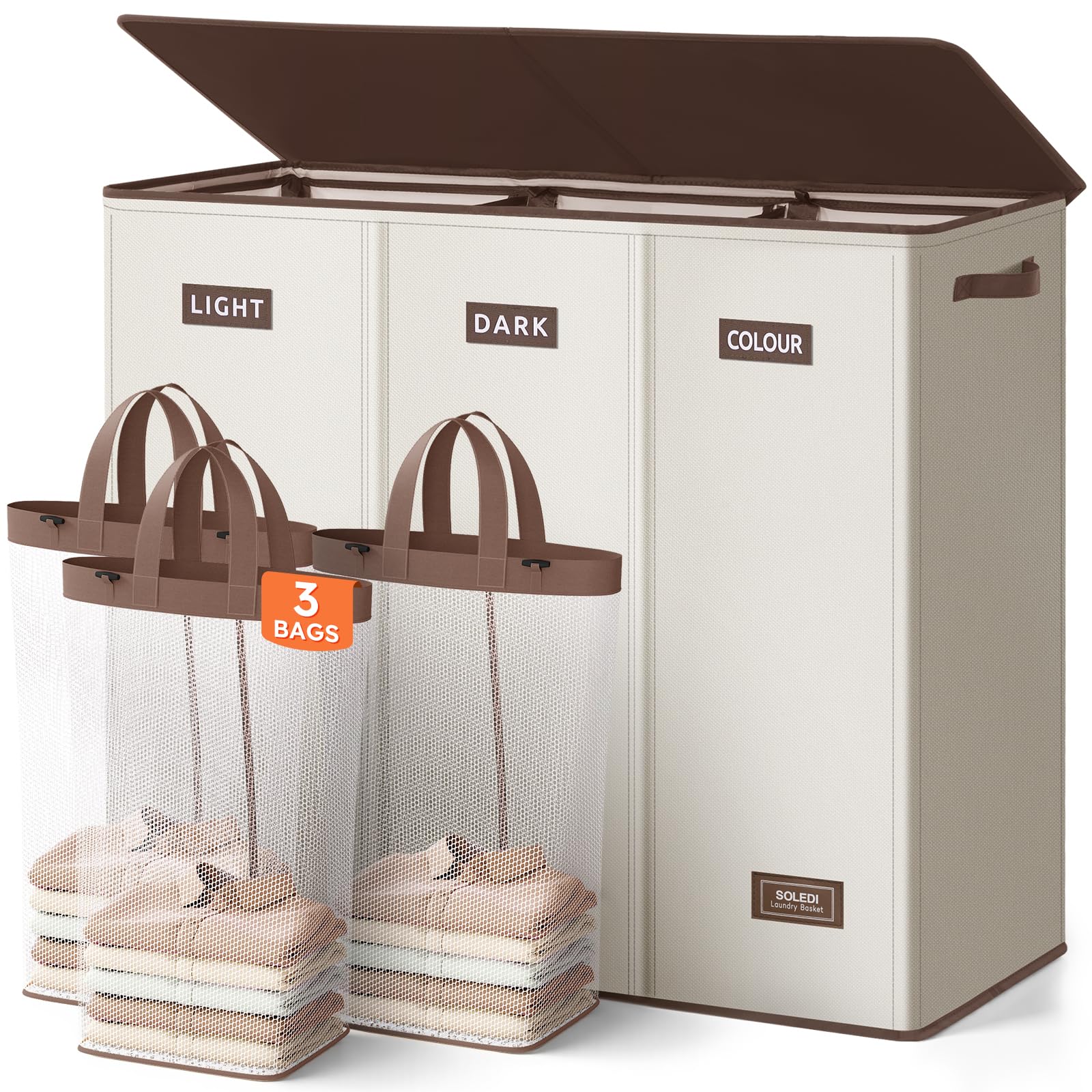 Extra Large 180L Three Section Laundry Hamper with Lid and Handles