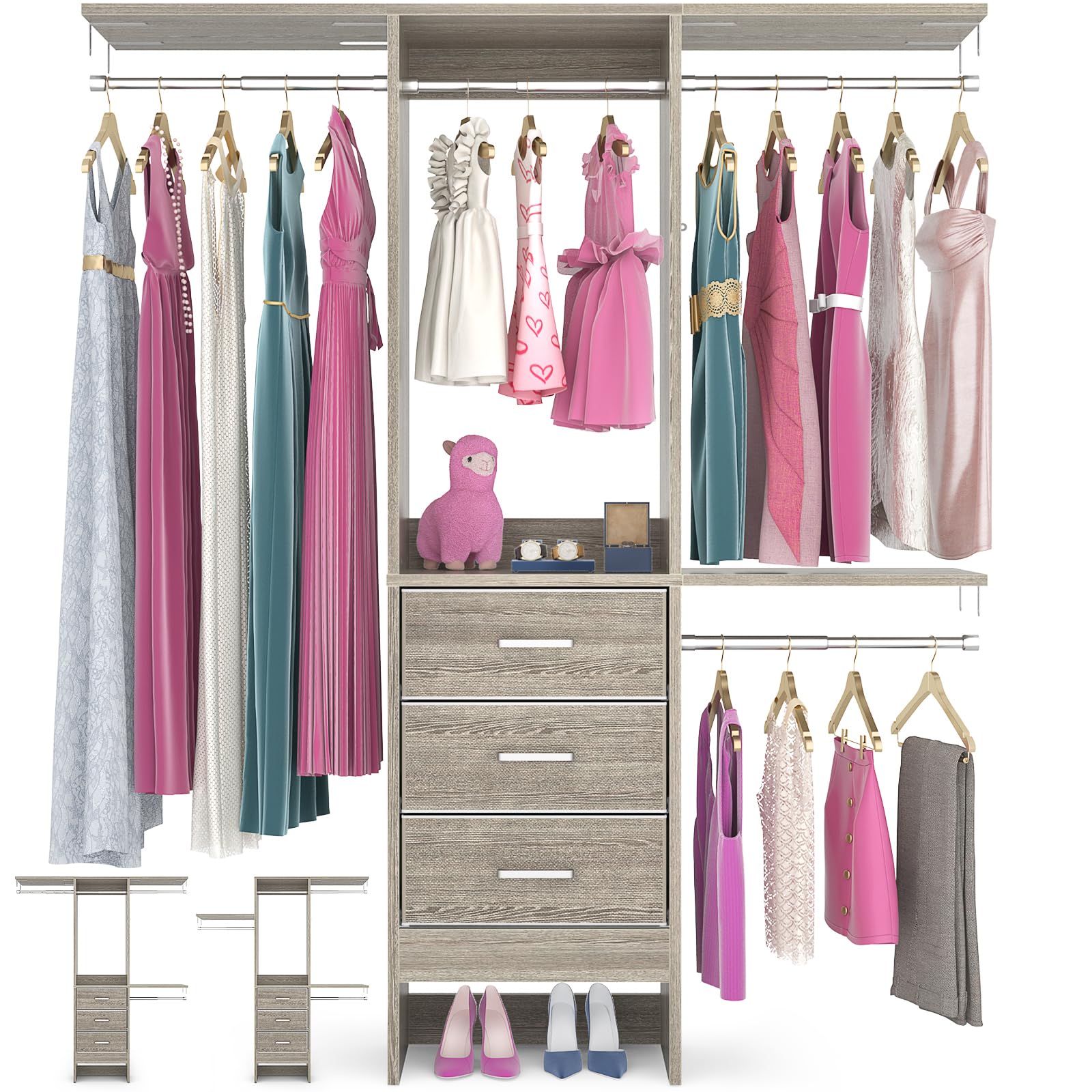 Closet Organizer System with Fabric Drawers Shelves and Garment Rack
