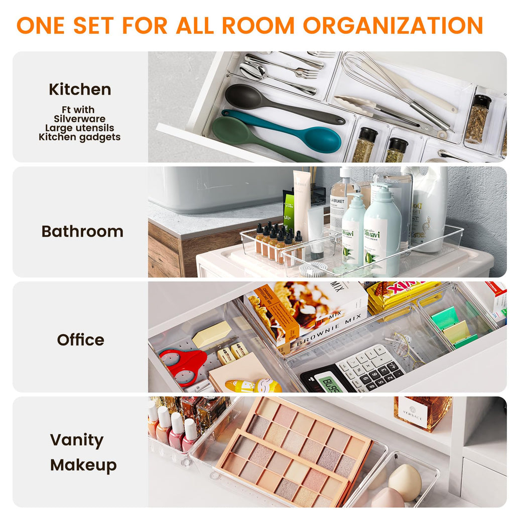 Clear Plastic Drawer Organizer Trays for Makeup Jewelry and Office Storage