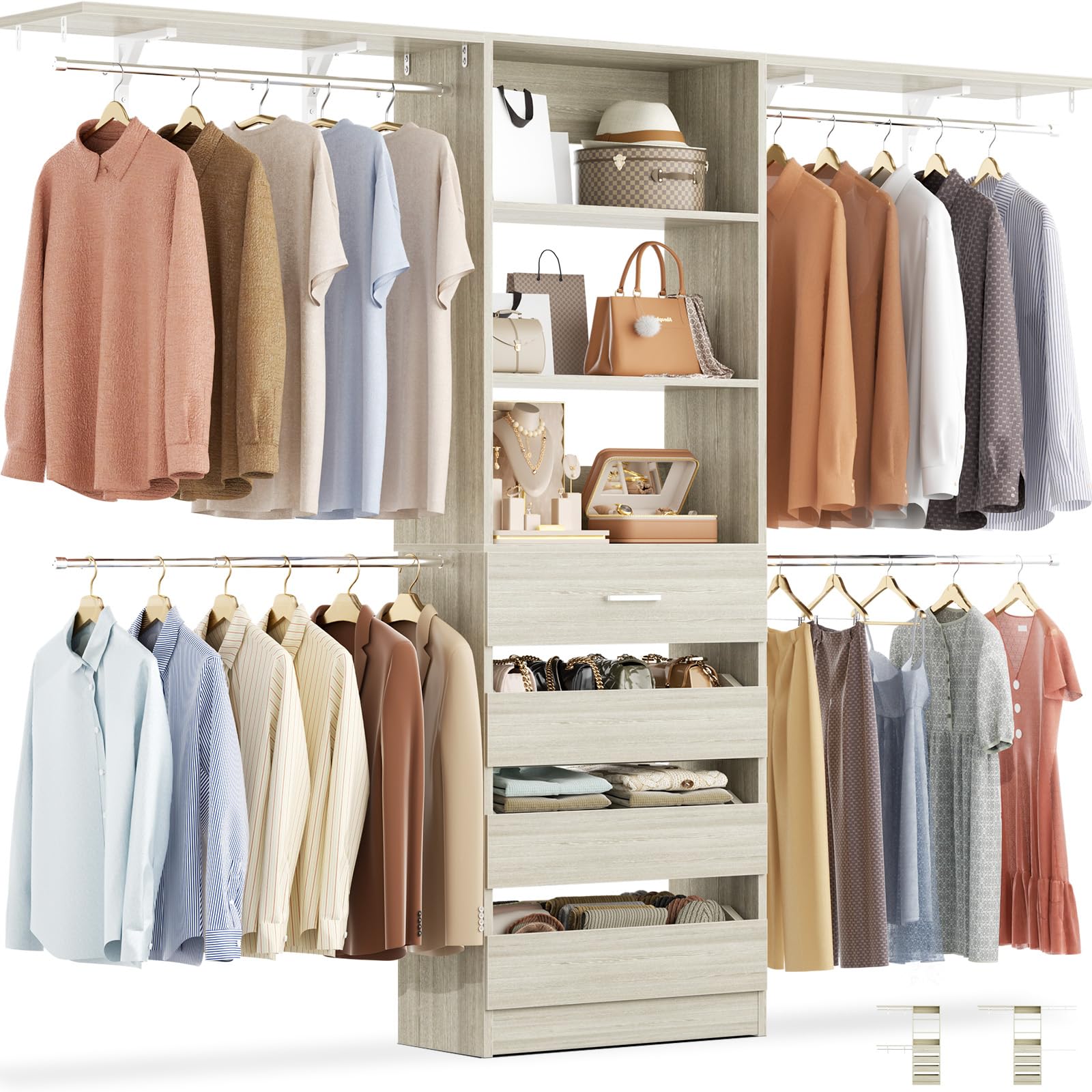 8FT Closet Organizer System with 4 Wooden Drawers and 4 Shelves