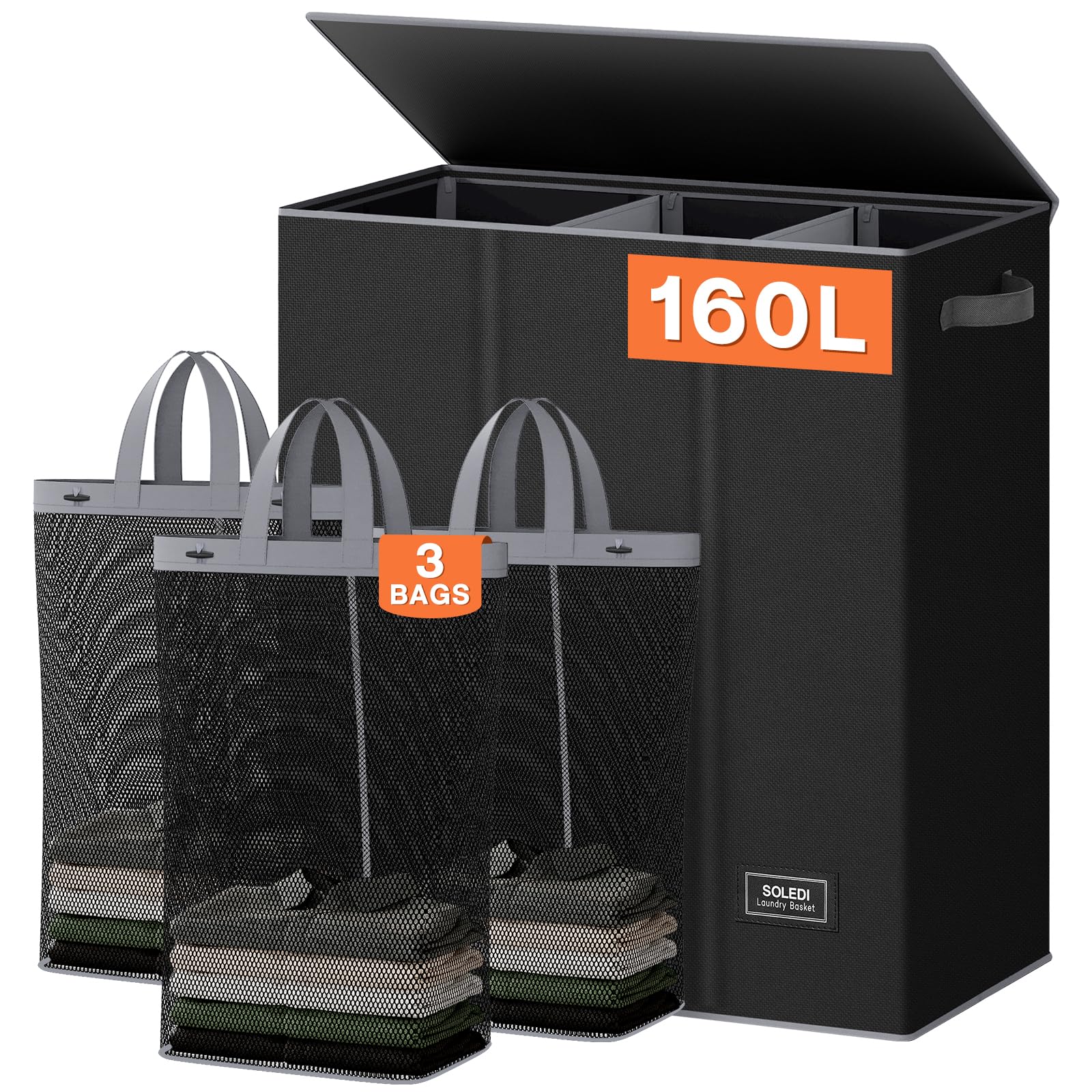 Extra Large 180L Three Section Laundry Hamper with Lid and Handles
