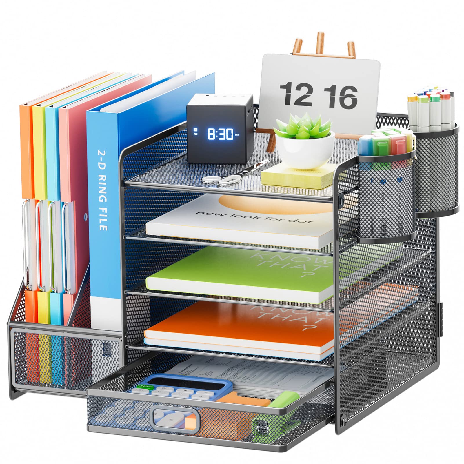 Five Tier Mesh Desk Organizer with File Tray Drawer Pen and Magazine Holders