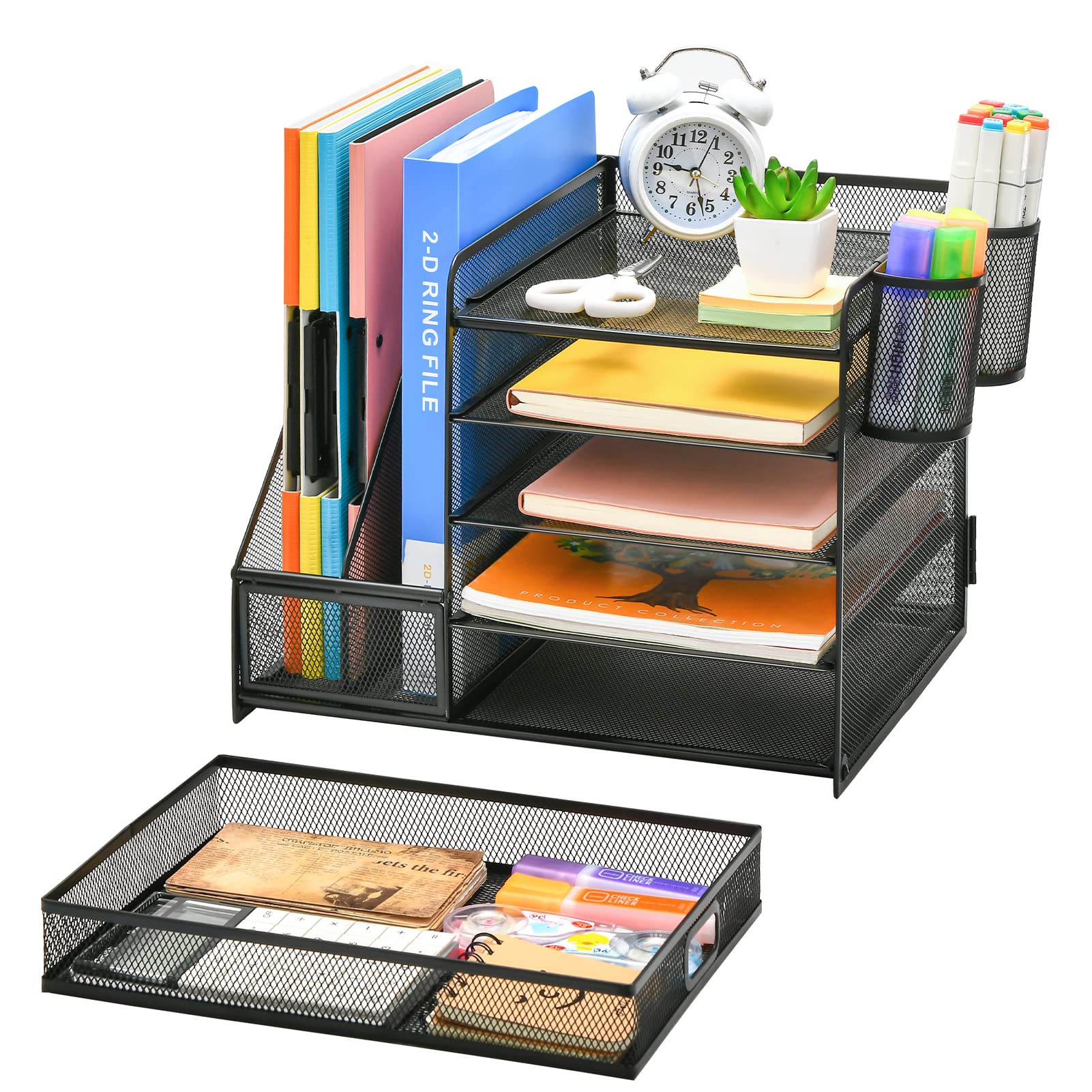 Five Tier Mesh Desk Organizer with File Tray Drawer Pen and Magazine Holders