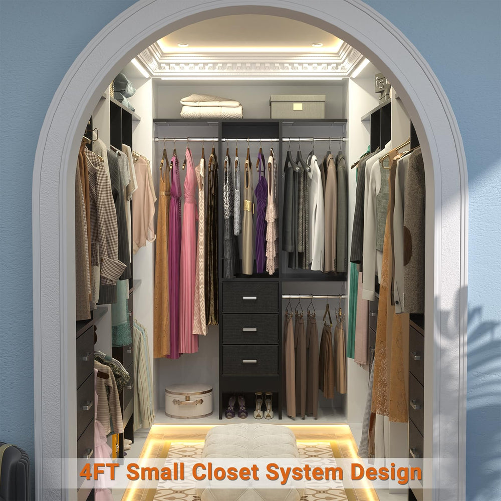 Closet Organizer System with Fabric Drawers Shelves and Garment Rack