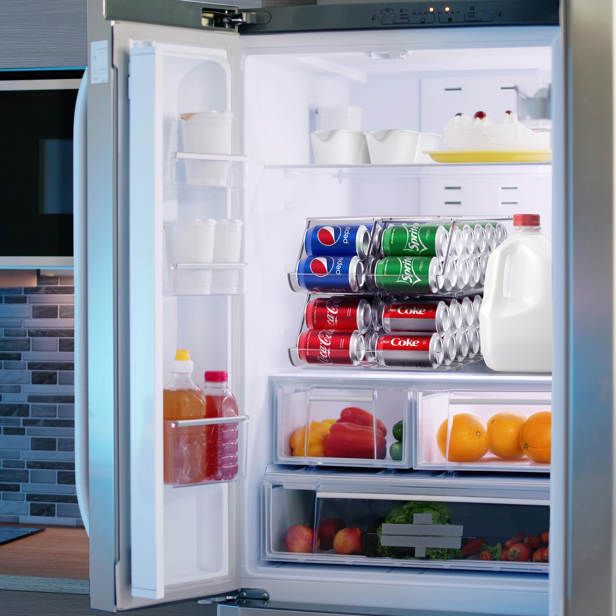 Four Pack Stackable Clear Refrigerator Can Organizers with 12 Can Capacity