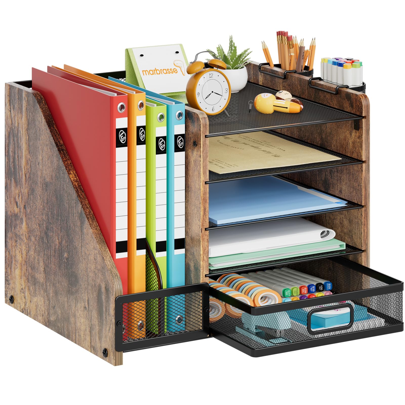 Five Tier Mesh Desk Organizer with File Tray Drawer Pen and Magazine Holders