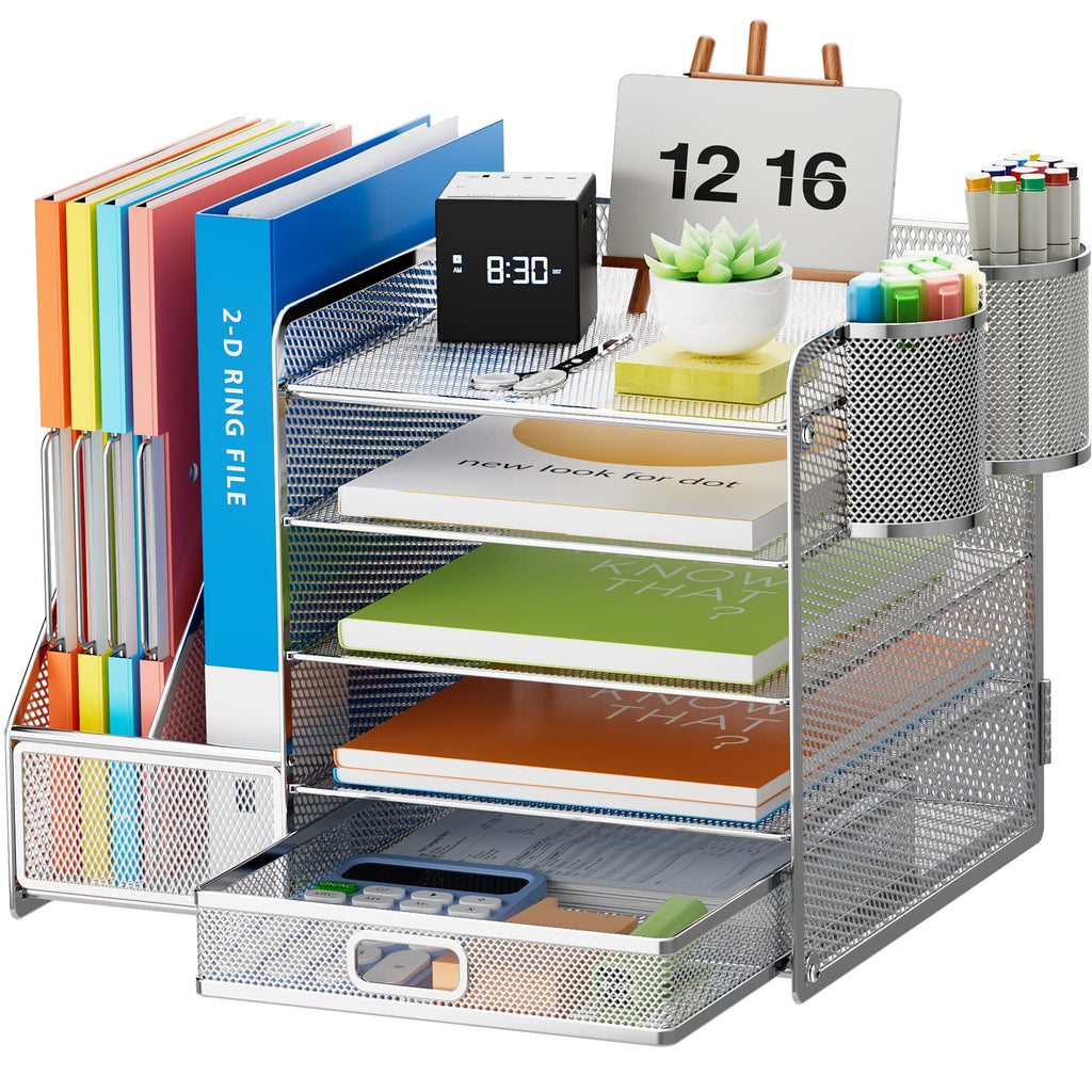 Five Tier Mesh Desk Organizer with File Tray Drawer Pen and Magazine Holders