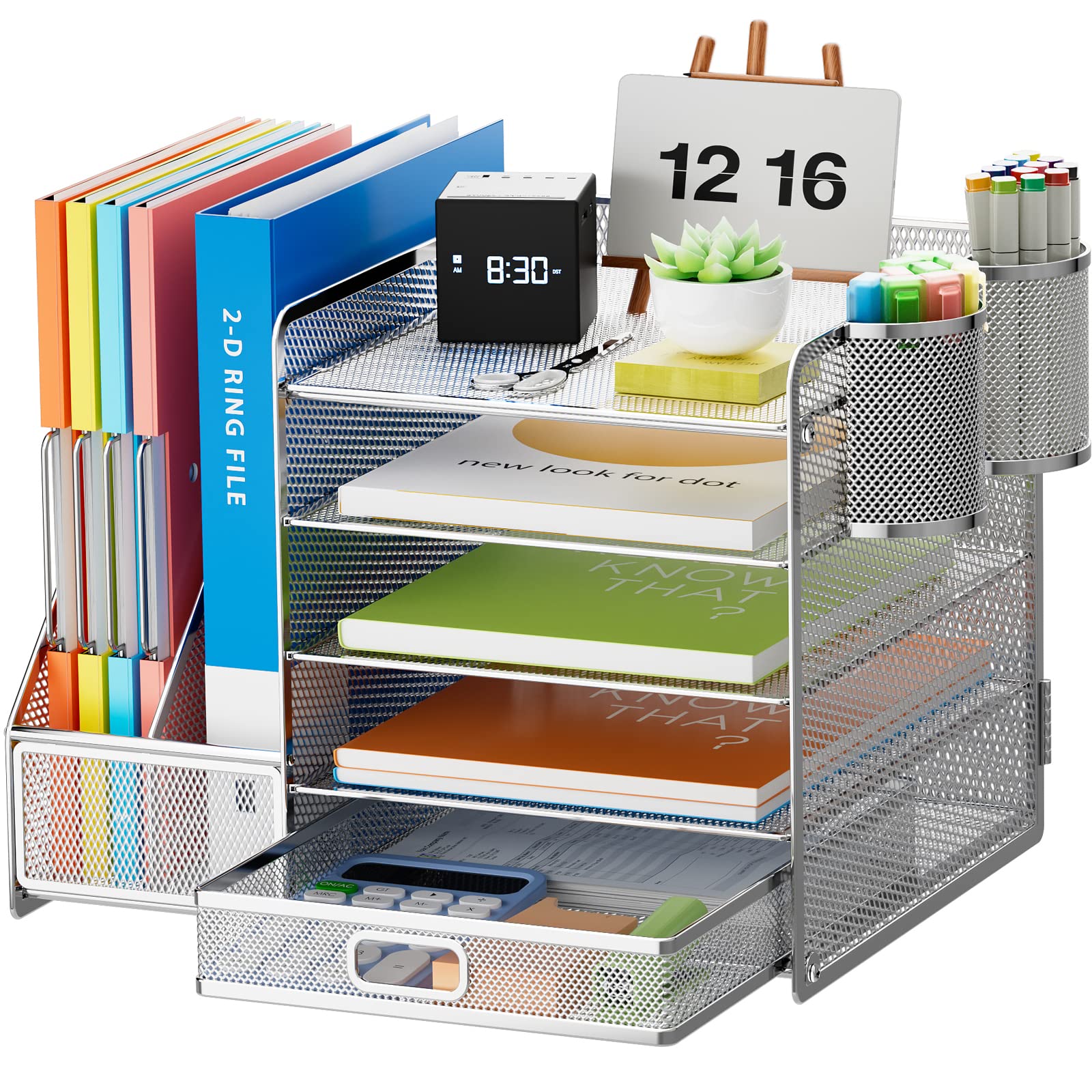 Five Tier Mesh Desk Organizer with File Tray Drawer Pen and Magazine Holders