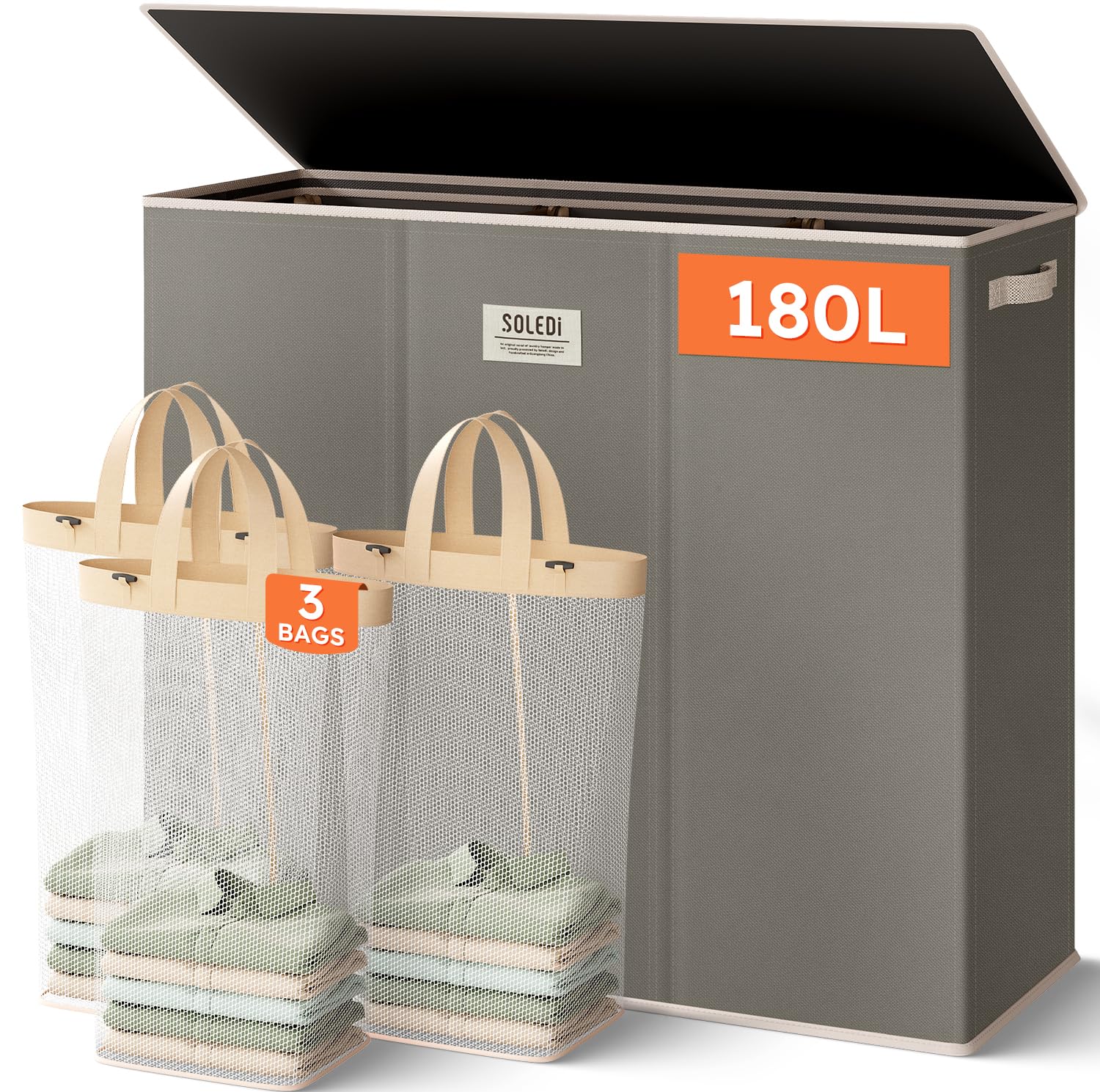 Extra Large 180L Three Section Laundry Hamper with Lid and Handles