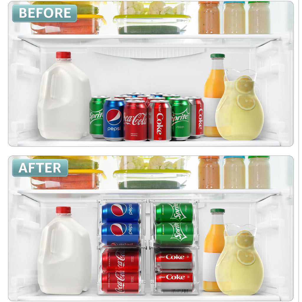 Four Pack Stackable Clear Refrigerator Can Organizers with 12 Can Capacity