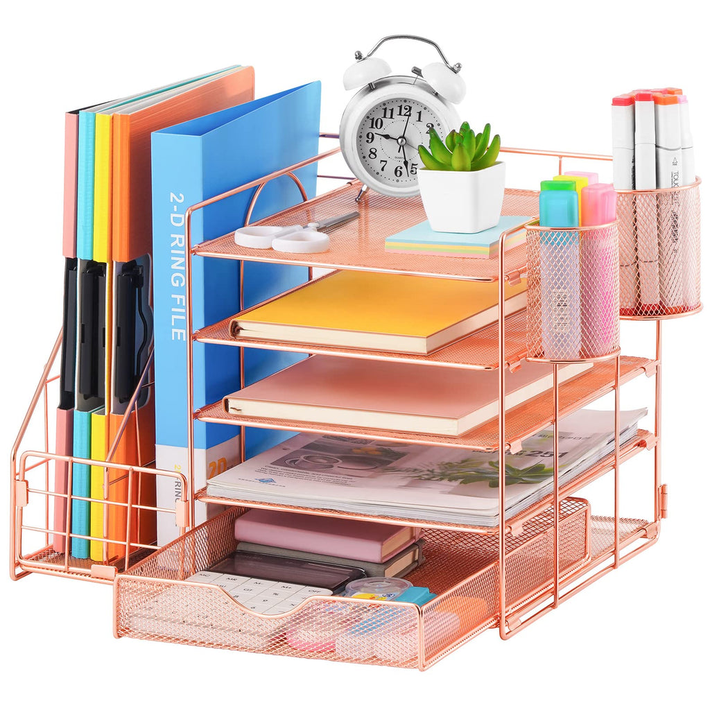 Five Tier Mesh Desk Organizer with File Tray Drawer Pen and Magazine Holders