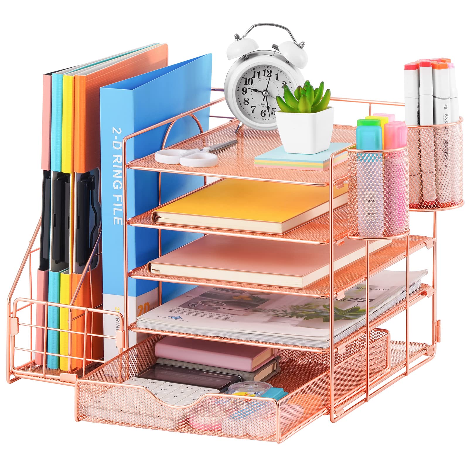 Five Tier Mesh Desk Organizer with File Tray Drawer Pen and Magazine Holders