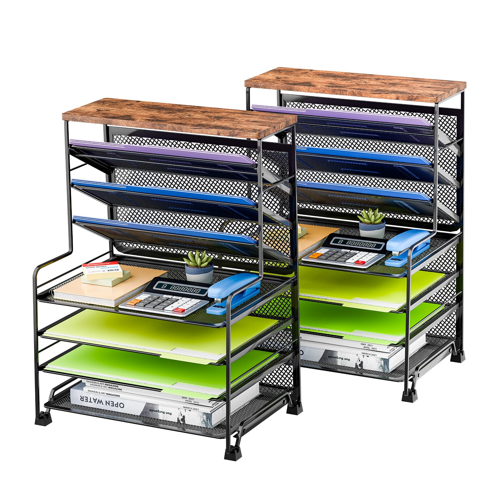 Seven Tier Desk File and Paper Organizer with Pen Holder and Basket