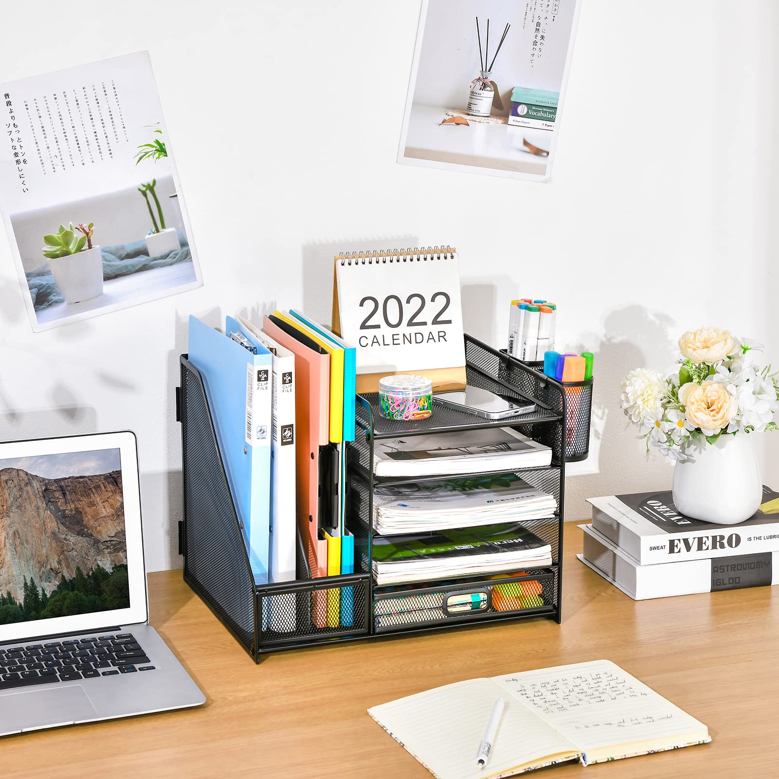 Five Tier Mesh Desk Organizer with File Tray Drawer Pen and Magazine Holders