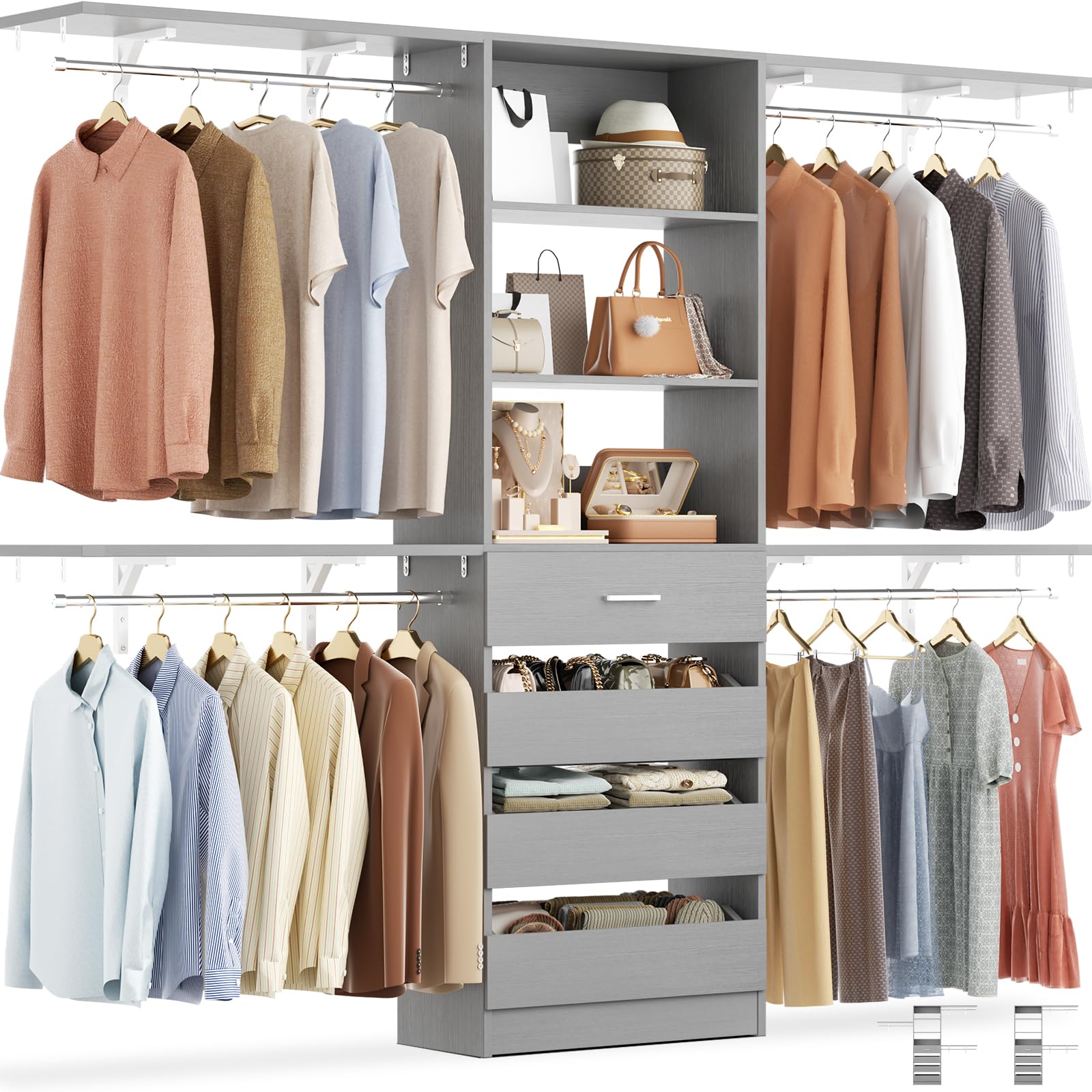 8FT Closet Organizer System with 4 Wooden Drawers and 4 Shelves