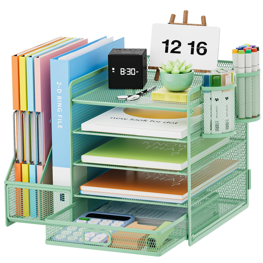 Five Tier Mesh Desk Organizer with File Tray Drawer Pen and Magazine Holders