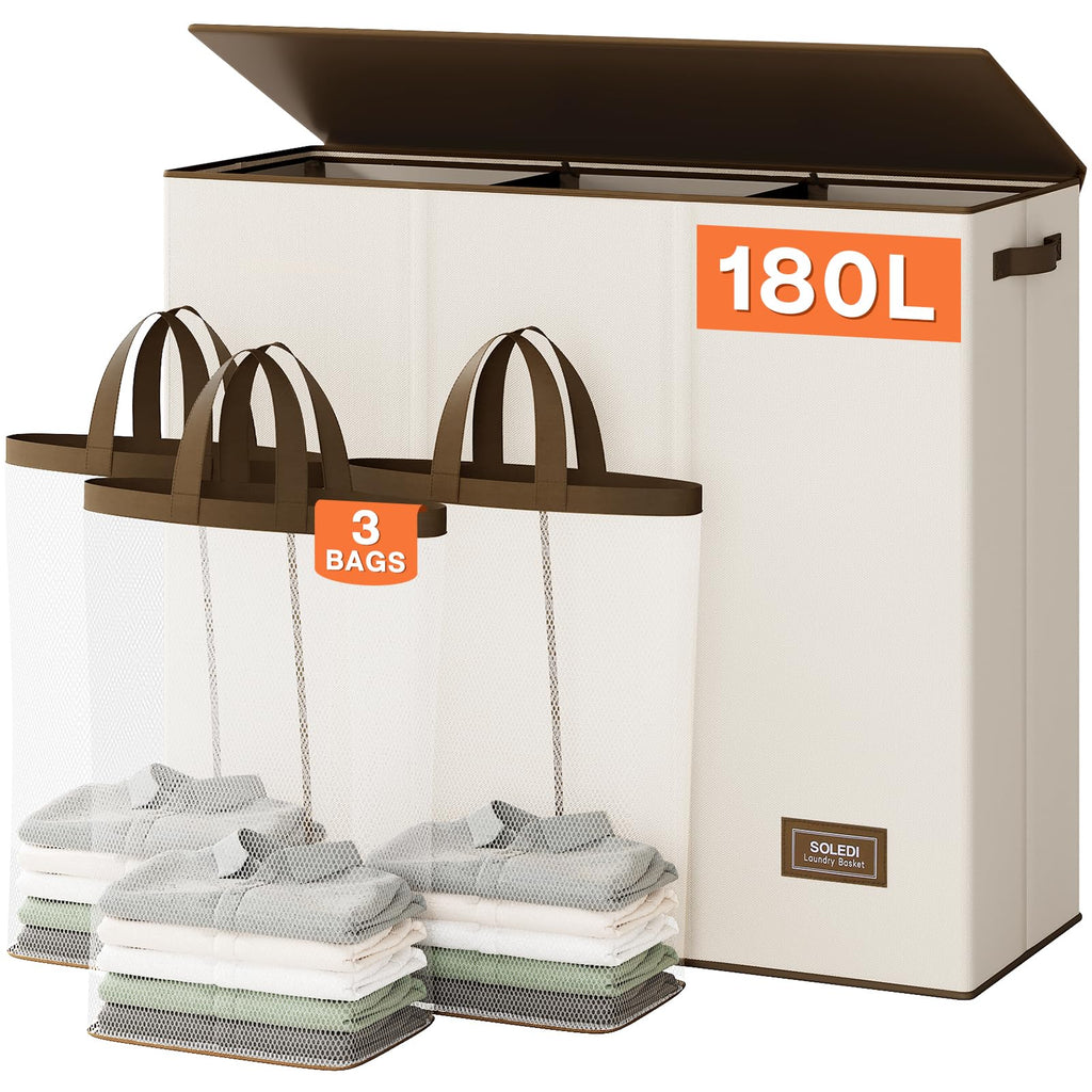 Extra Large 180L Three Section Laundry Hamper with Lid and Handles