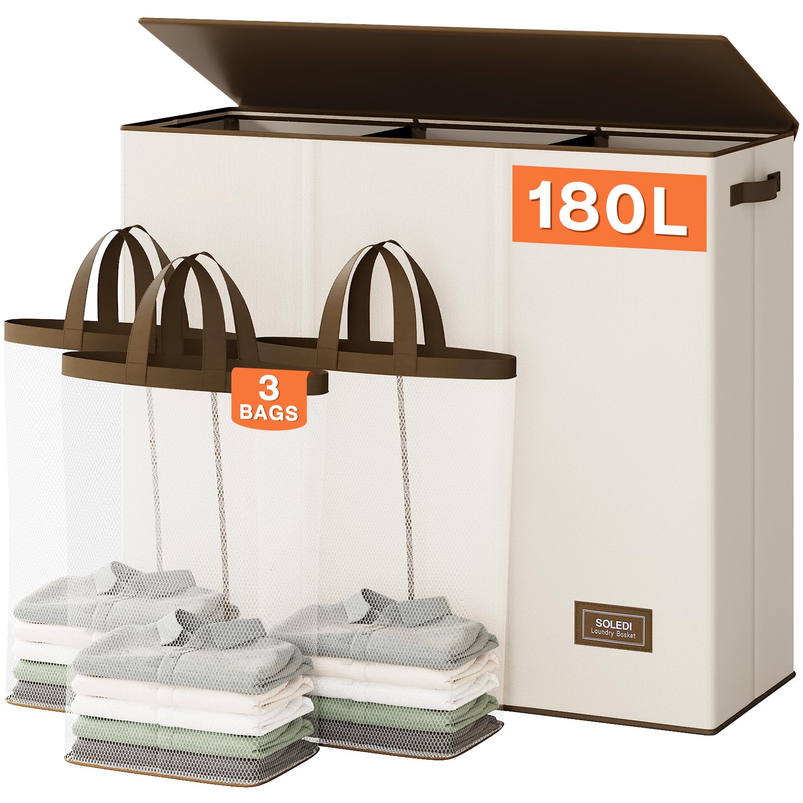 Extra Large 180L Three Section Laundry Hamper with Lid and Handles